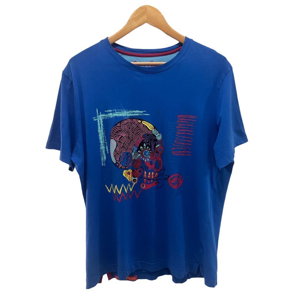 Robert Graham Mens T-Shirt Blue Crewneck Skull and Rose Graphic S/S Cotton L guc